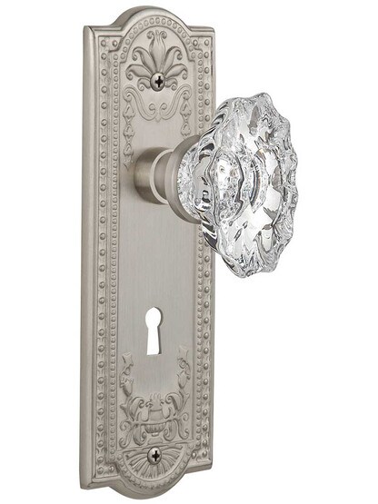 Meadows Design Mortise-Lock Set with Chateau Crystal Glass Knobs in Satin Nickel.